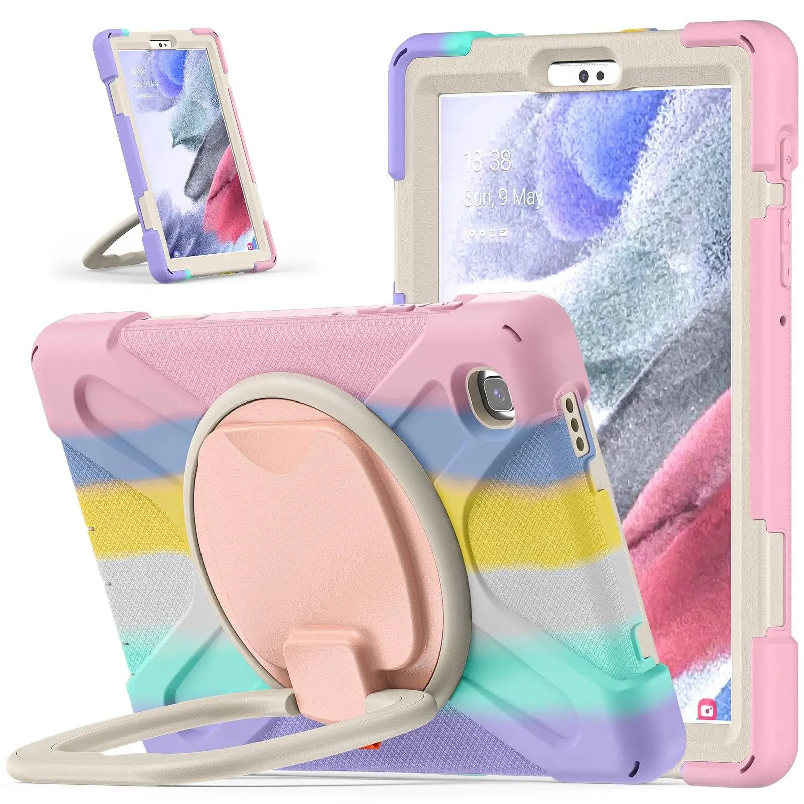 Colorful pastel protective case for Samsung A7 Lite T220 featuring a 360-degree rotating handle and sturdy kickstand.